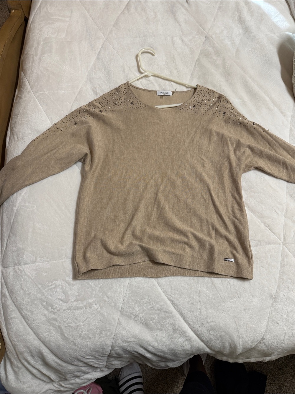 Calvin Klein Beige Crewneck Sweater with Embellished Shoulders